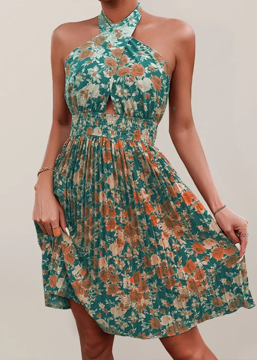 Green floral halter neck backless vacation dress