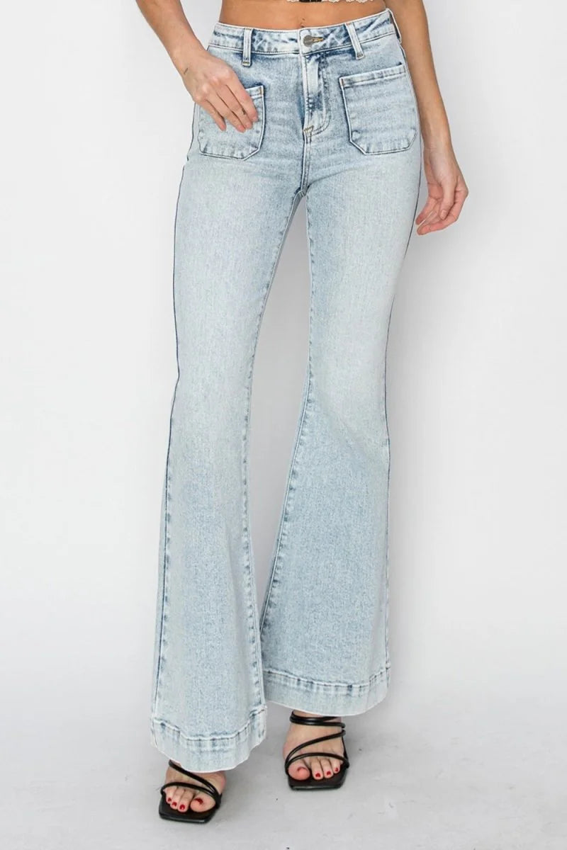 High rise flare jeans with patch pockets in light wash