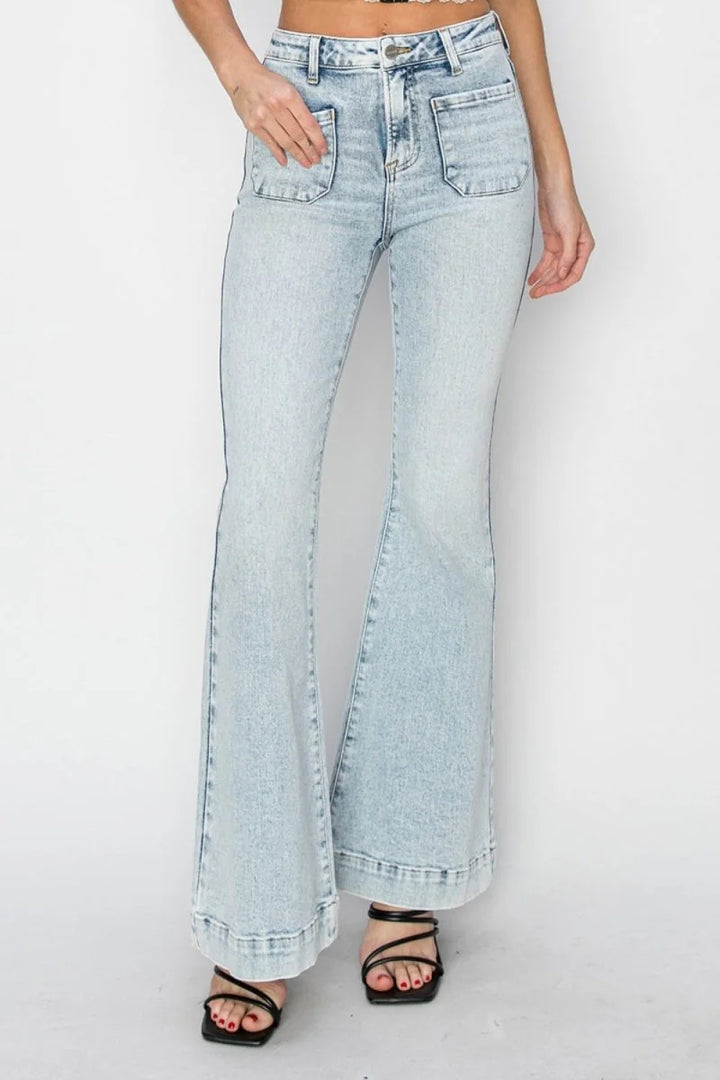 High rise flare jeans with patch pockets in light wash