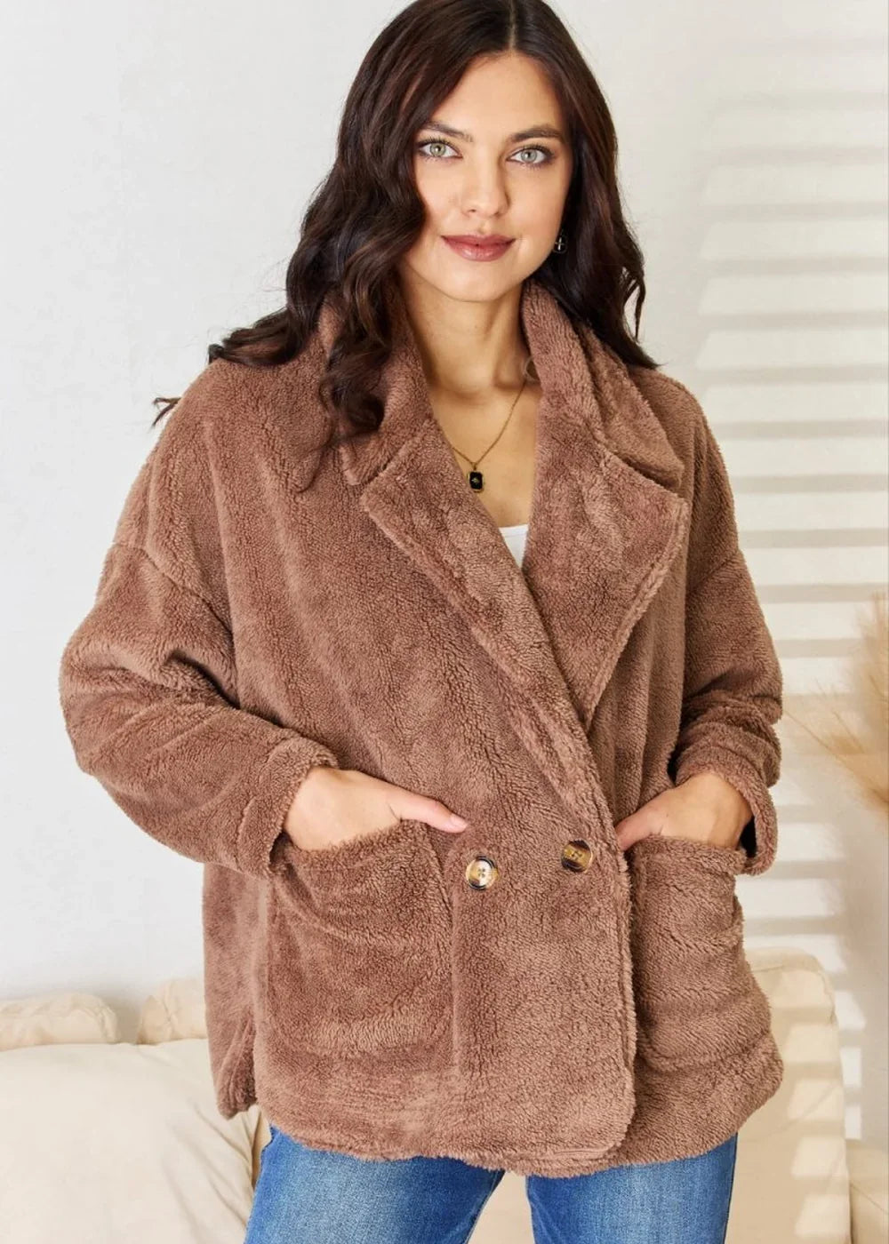 New taupe double-breasted fuzzy coat