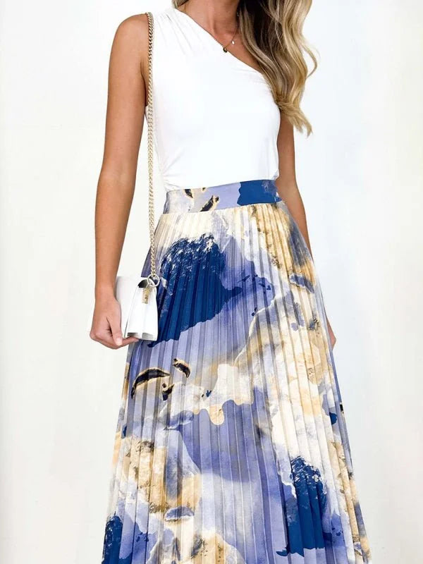 Blue printed A-line pleated skirt