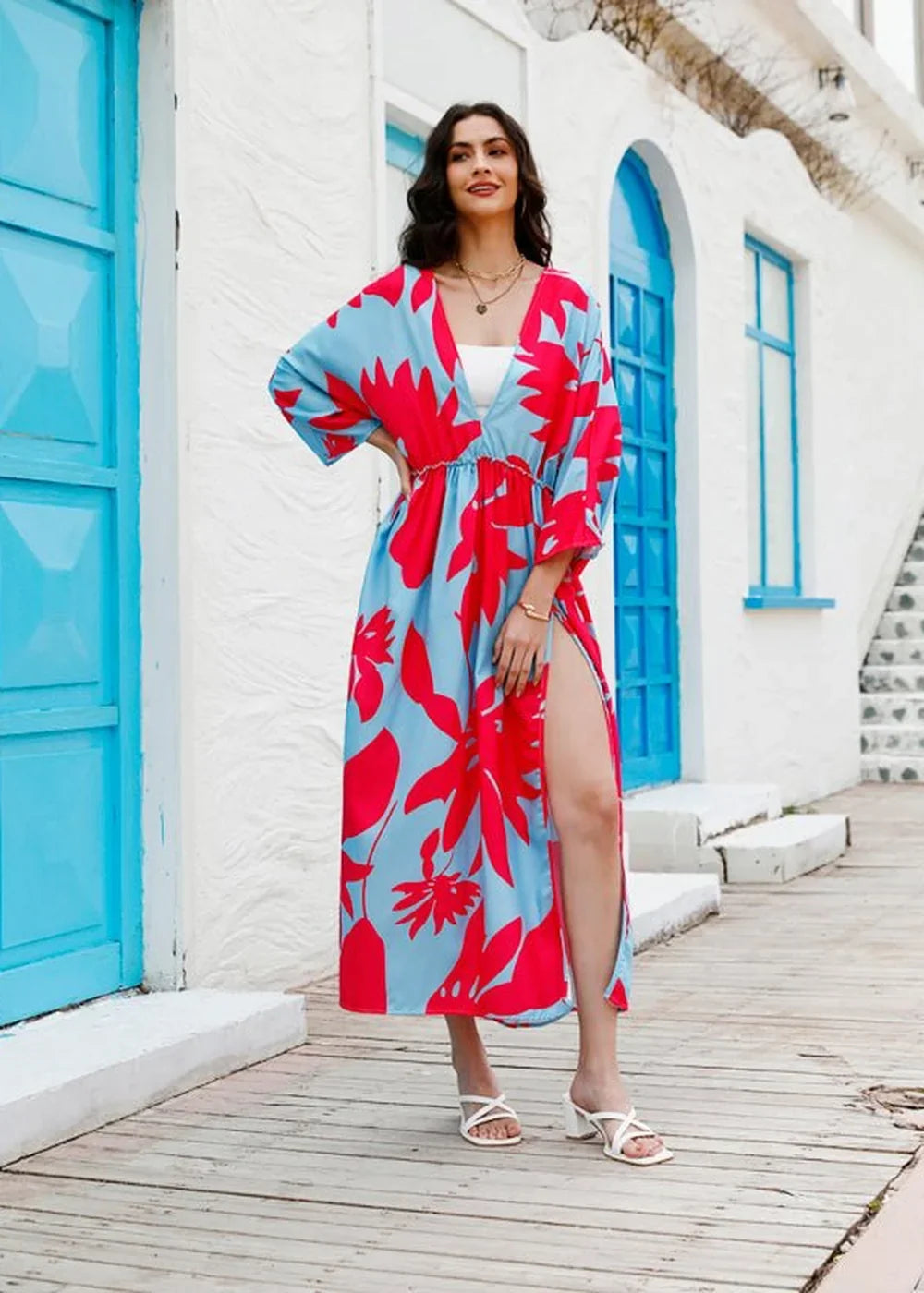 Red floral print V-neck dress
