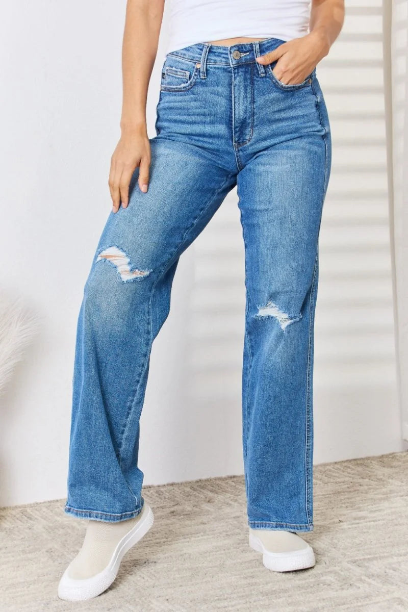 High waist distressed straight-leg jeans in medium wash