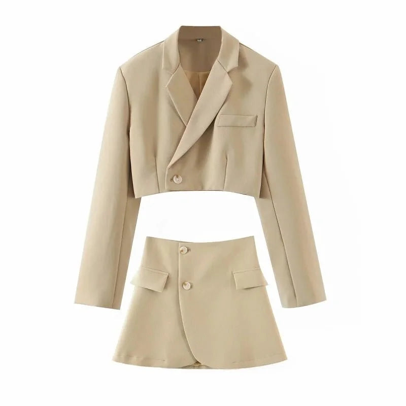 Khaki diagonal button blazer and pocket skirt suit