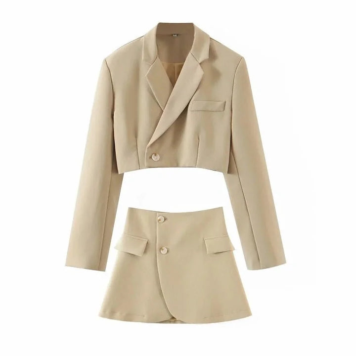 Khaki diagonal button blazer and pocket skirt suit