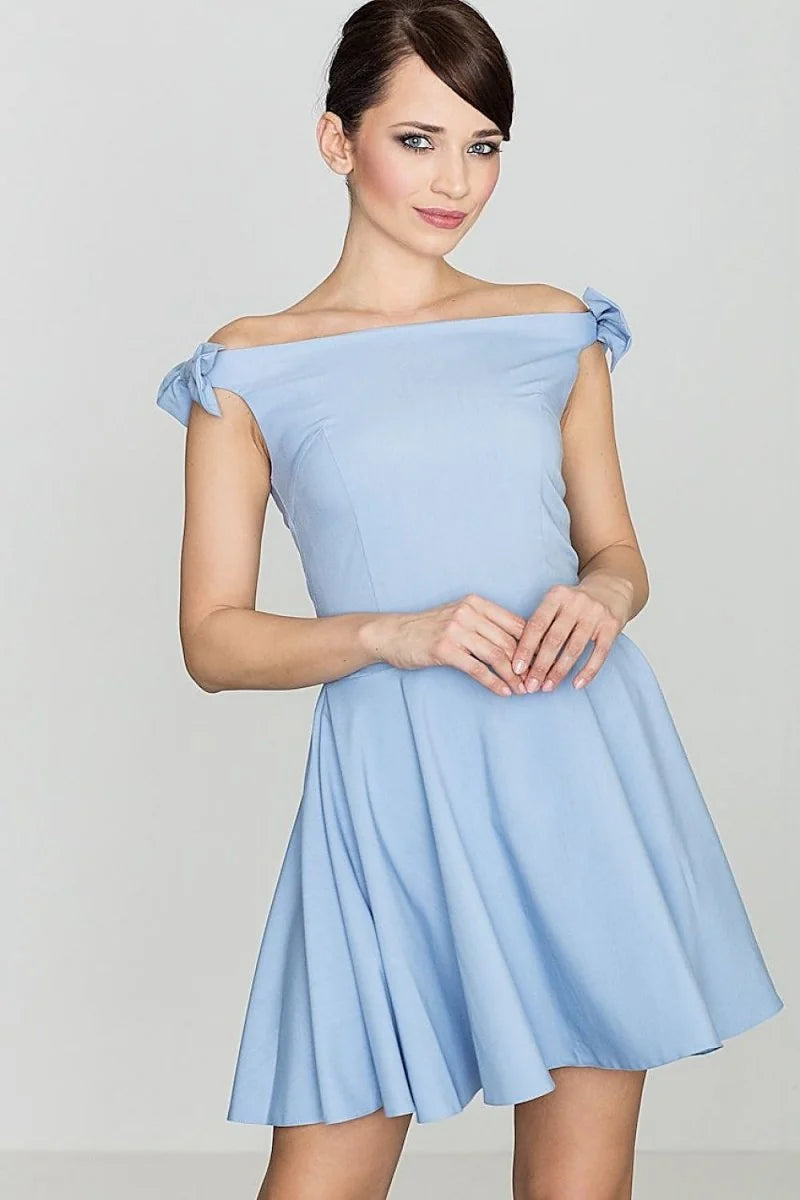 Blue sleeveless cocktail dress with shoulder bows