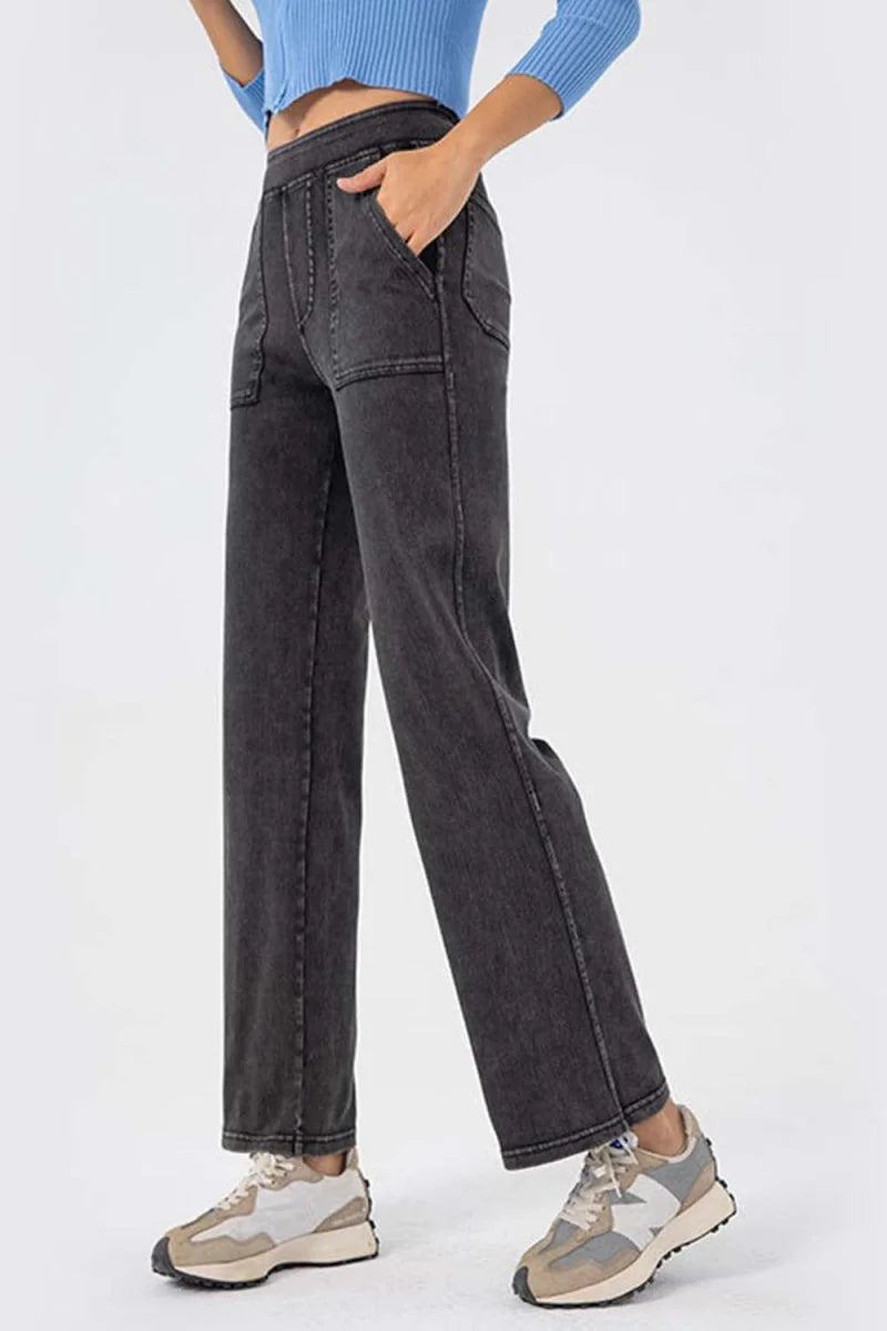 Gray women's long jeans with pockets