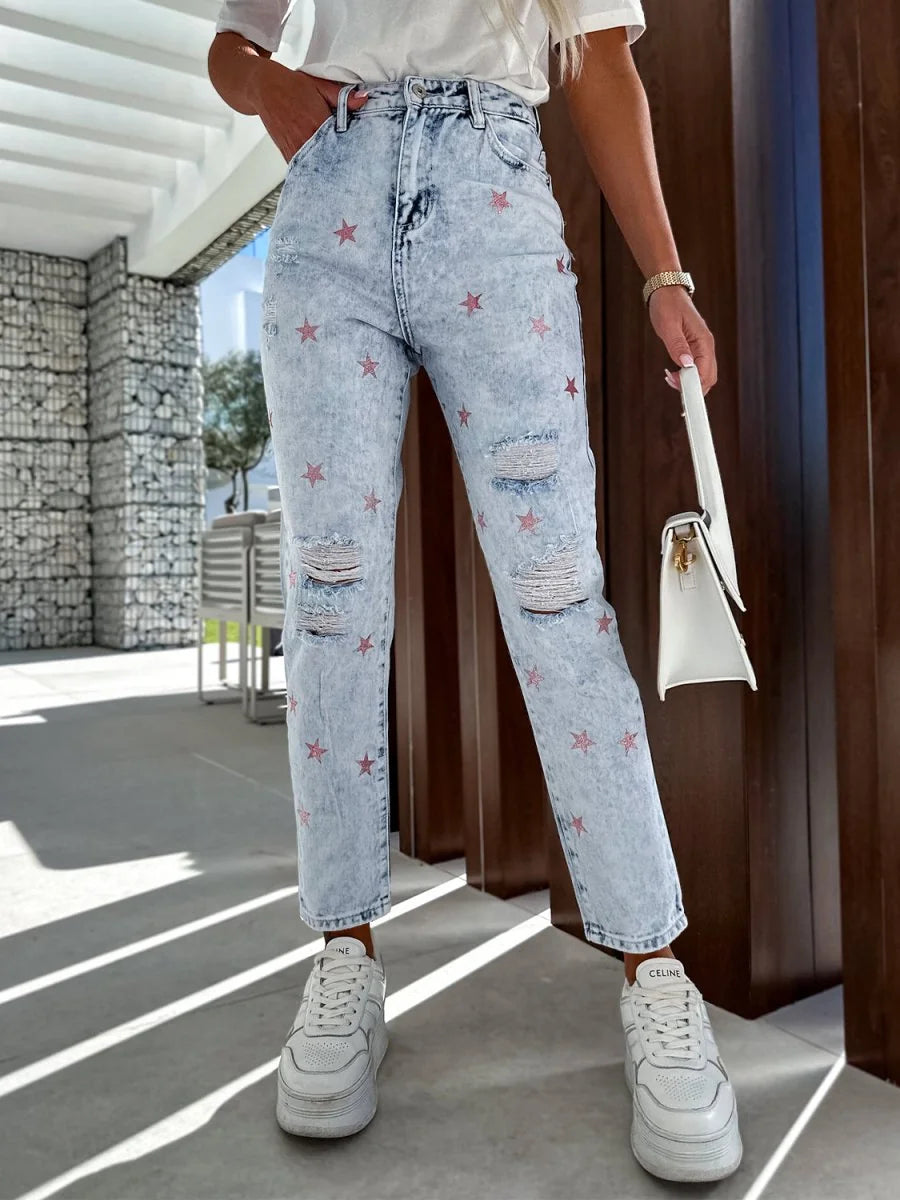 Distressed star straight jeans in light wash