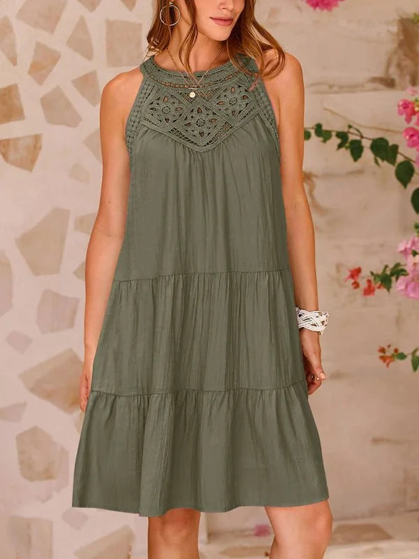 Women's olive green halter neck lace vest dress