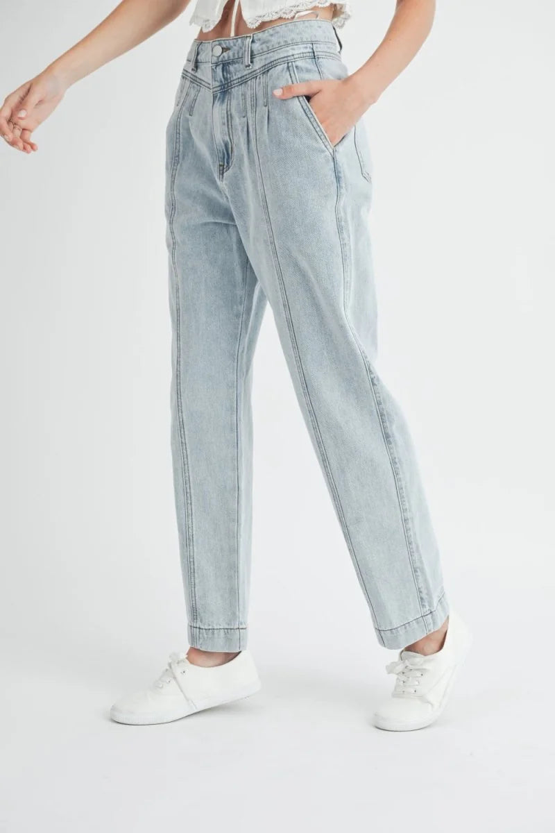 Light denim pleated front straight leg jeans