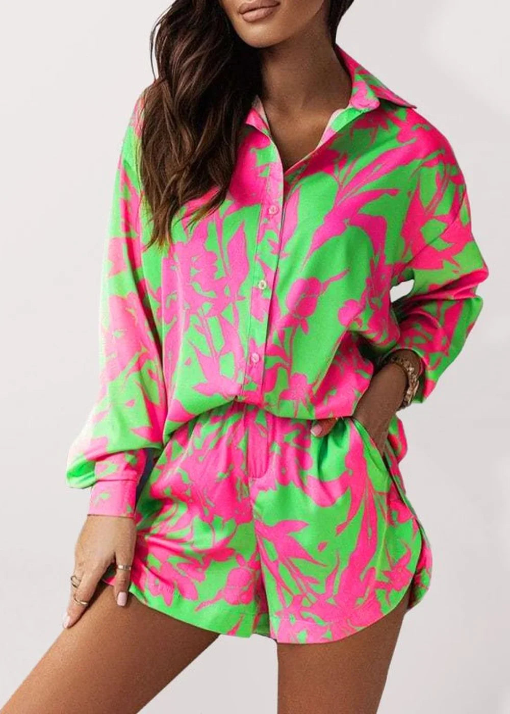Women's green tropical print shirt and shorts set