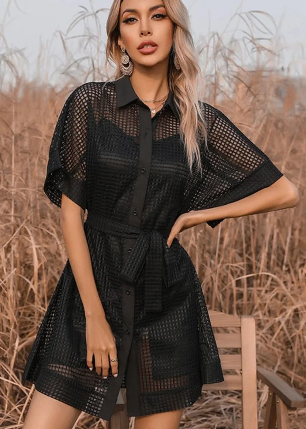 Black mesh lapel dress with short sleeves
