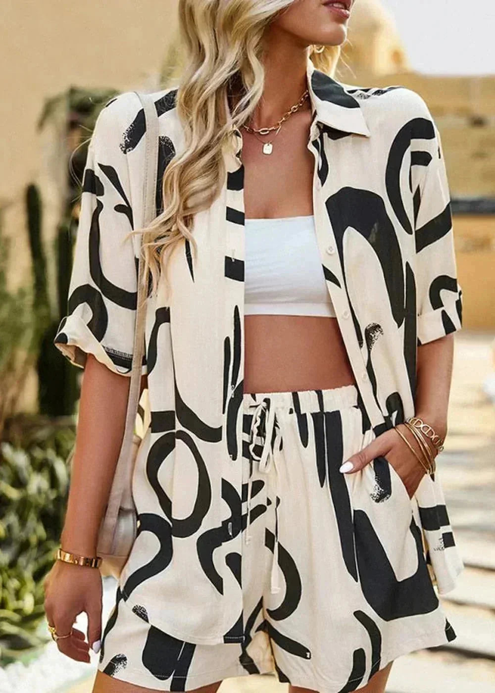 Cracker khaki abstract print two-piece set