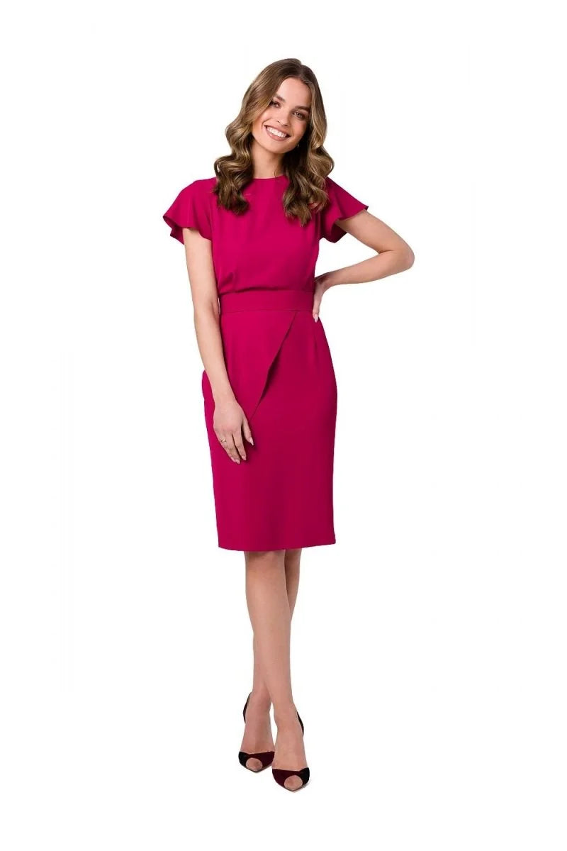 Violet cocktail dress with decorative fabric layer and belt