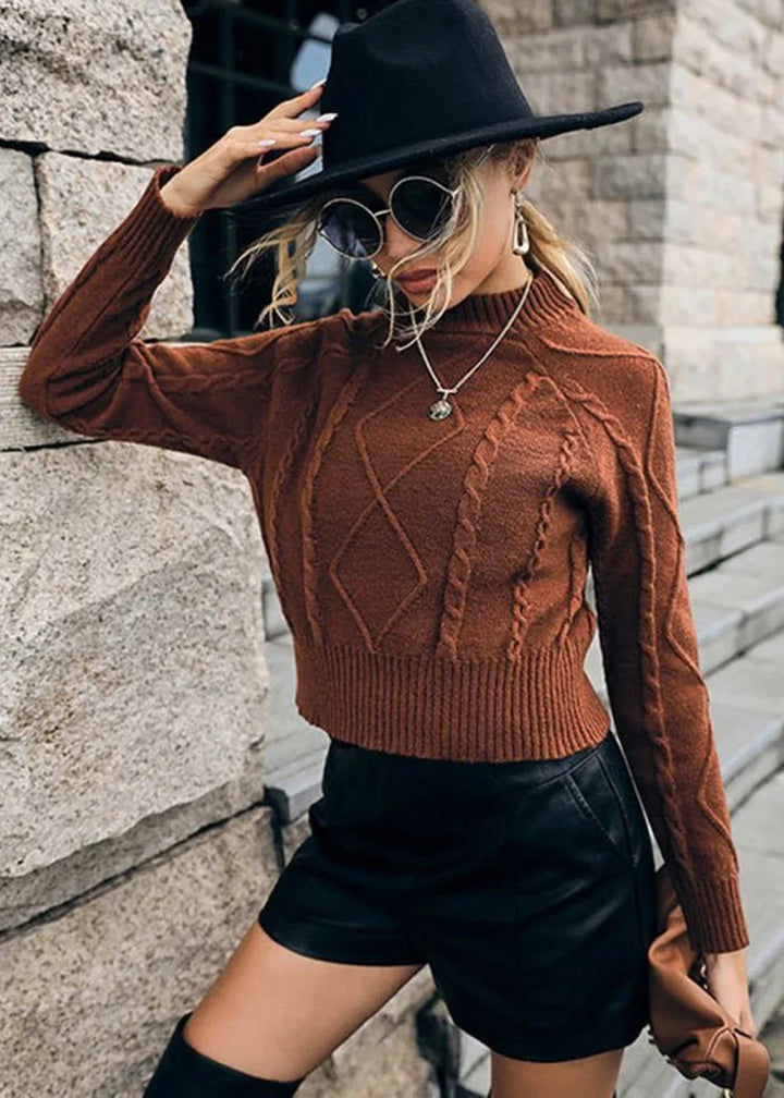 Coffee colored women's long sleeve sweater with twist detail