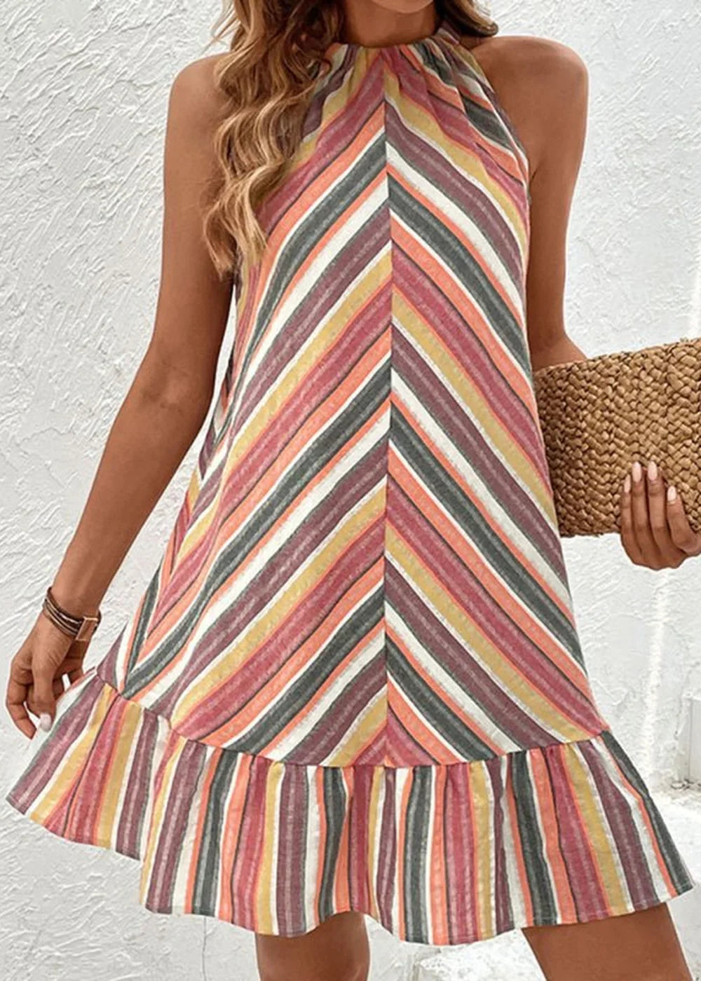 Red striped halter neck sleeveless dress