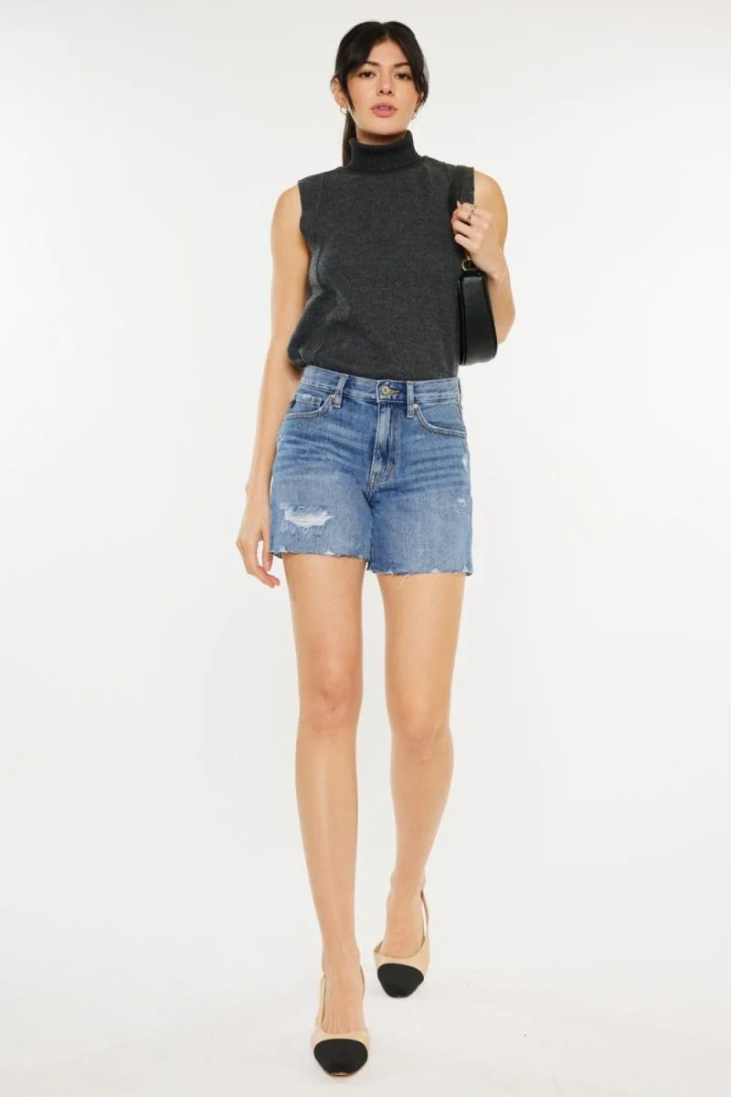 Blue distressed high waist denim shorts