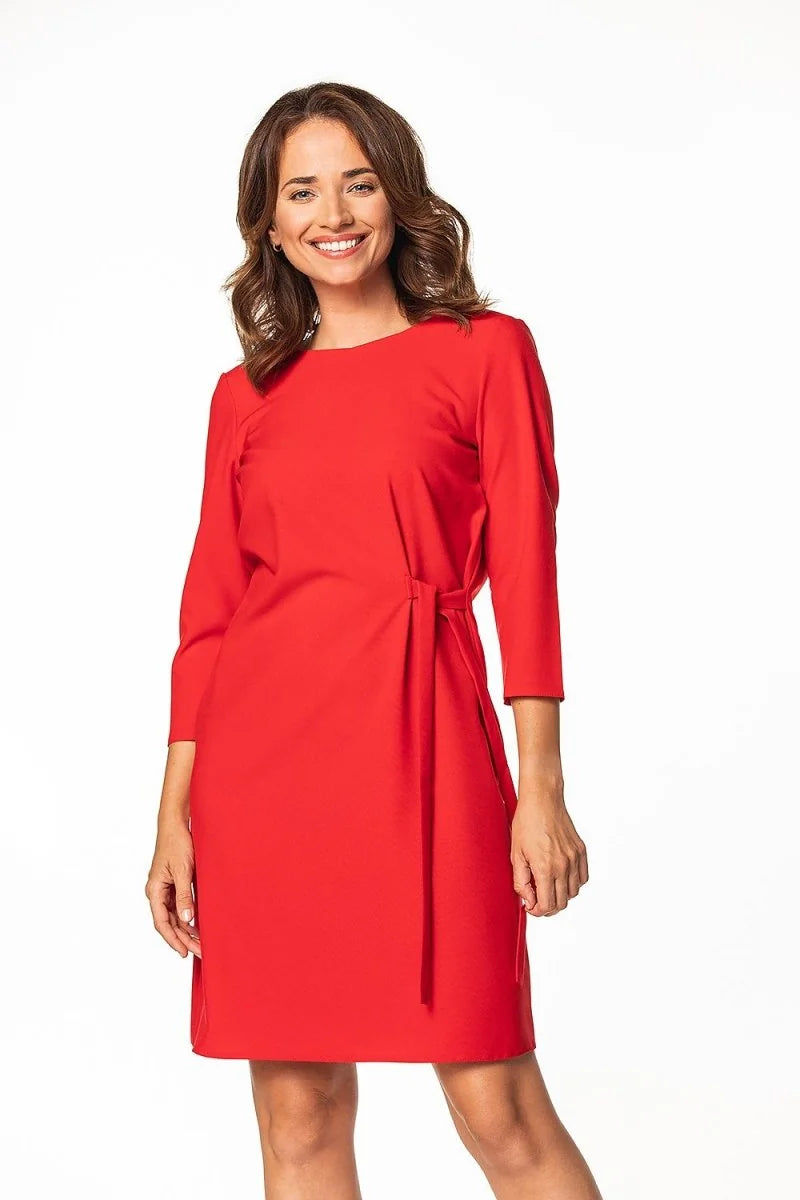 Red midi dress with tie waist and 3/4 sleeves