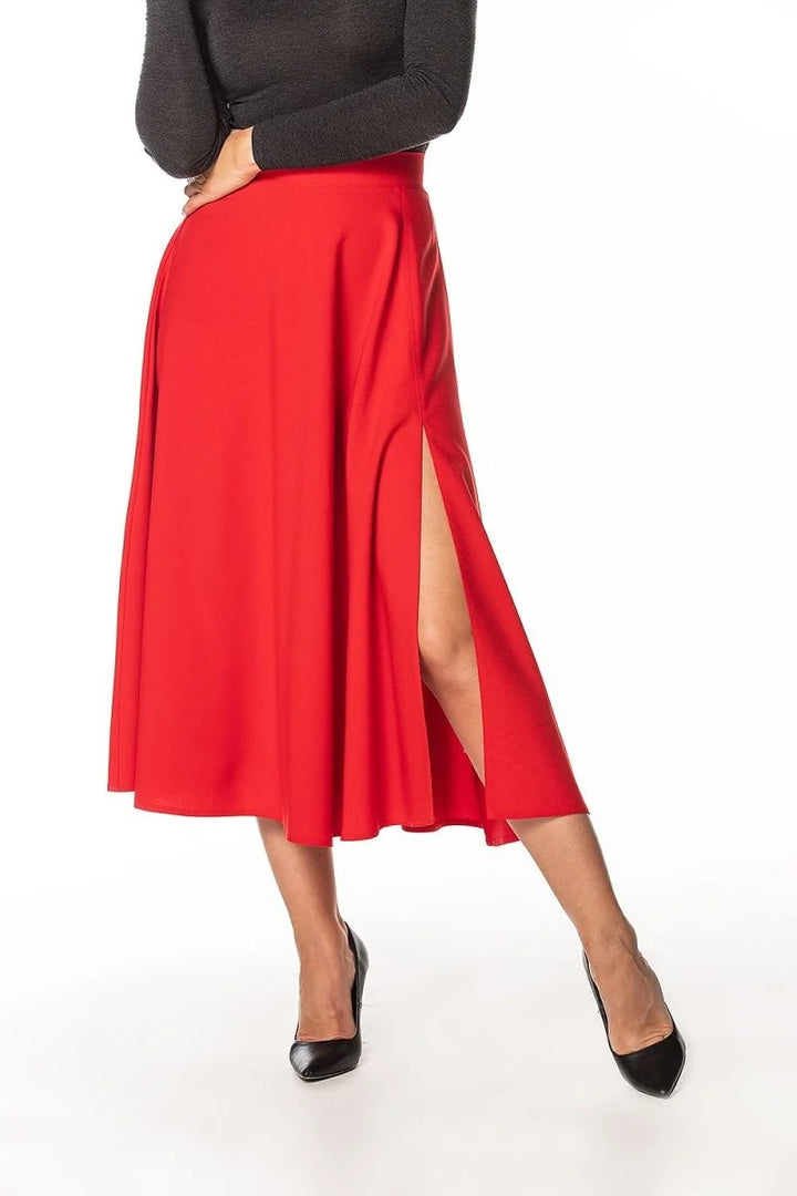 Red mid-calf skirt with slit