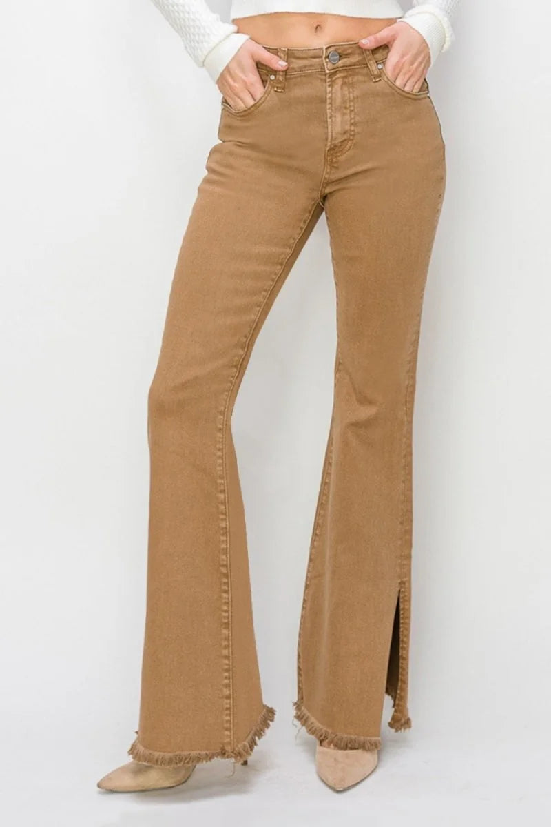 Brown high waist flare jeans with side slit