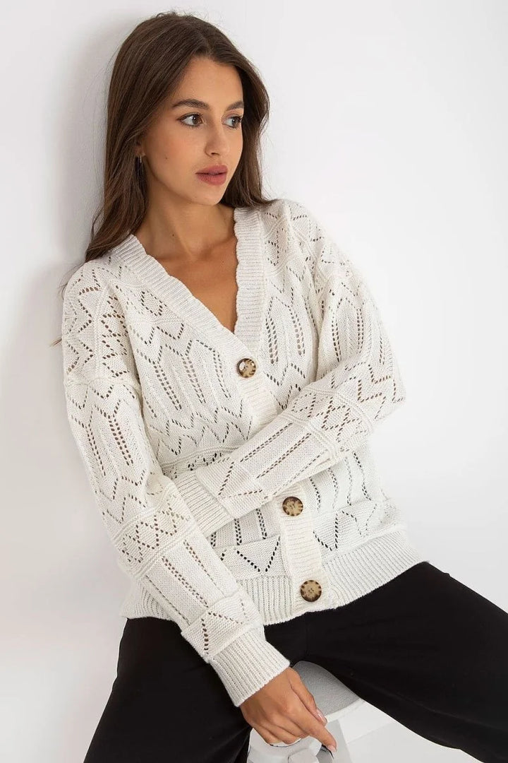 Beige openwork button-down cardigan