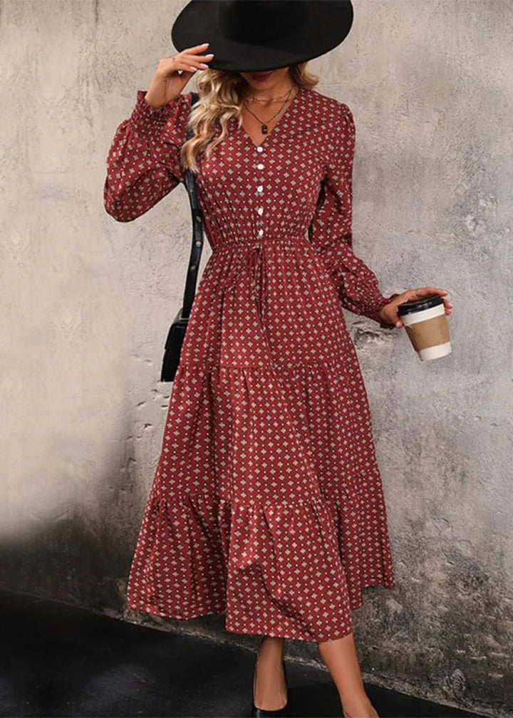 Wine Red long sleeve printed V-neck dress