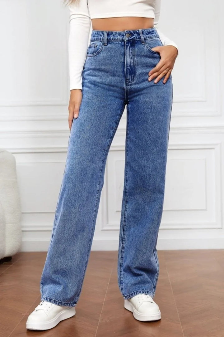 Dusty blue high waist straight leg jeans