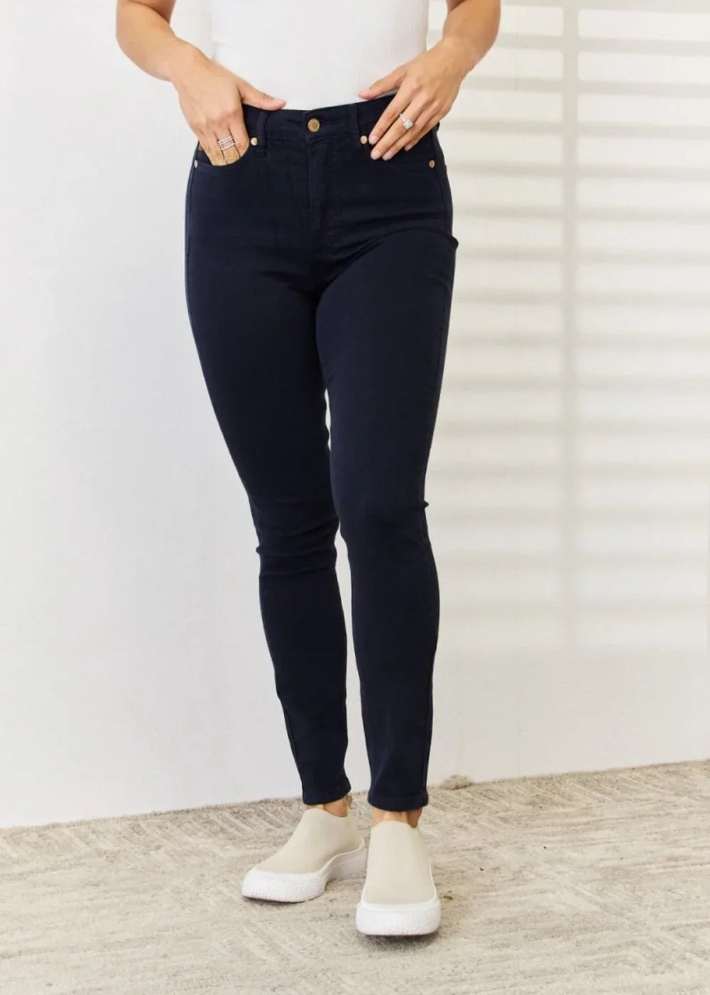 Navy garment dyed skinny jeans with tummy control panel