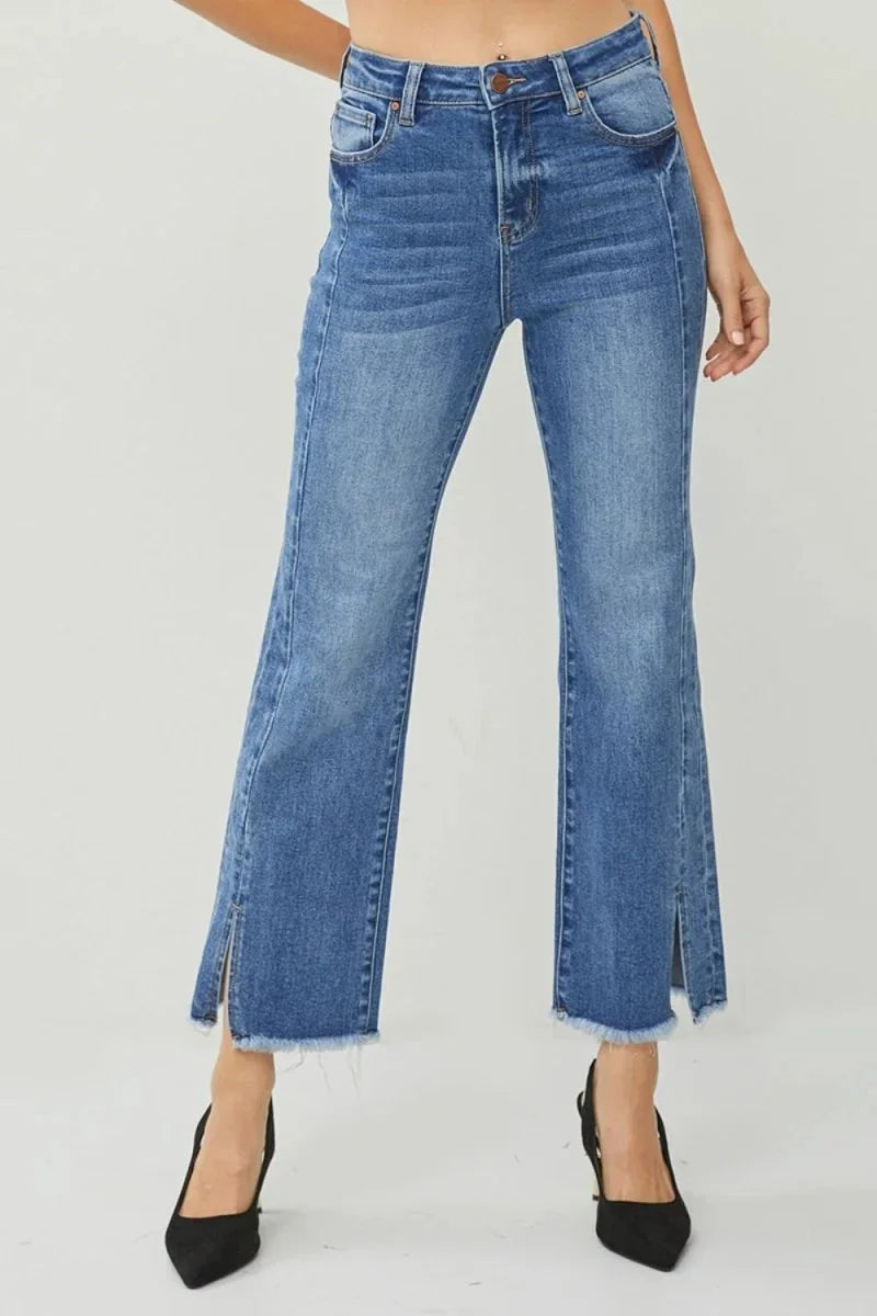 Dark wash high waist straight jeans with raw hem