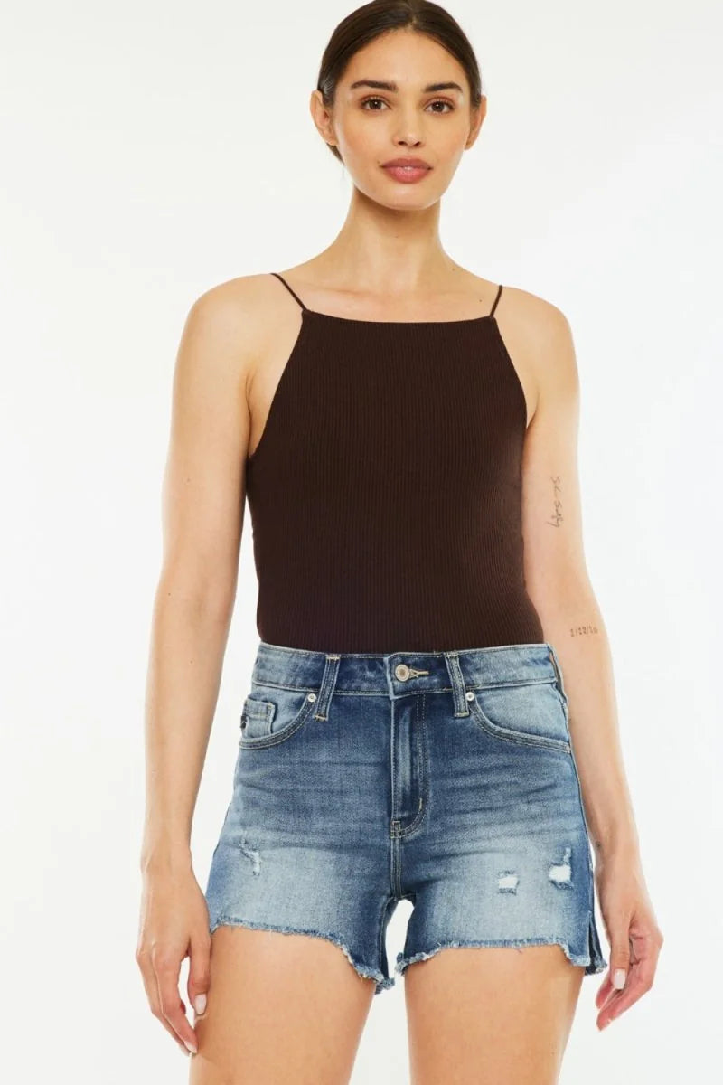 Dark wash high waist raw hem denim shorts