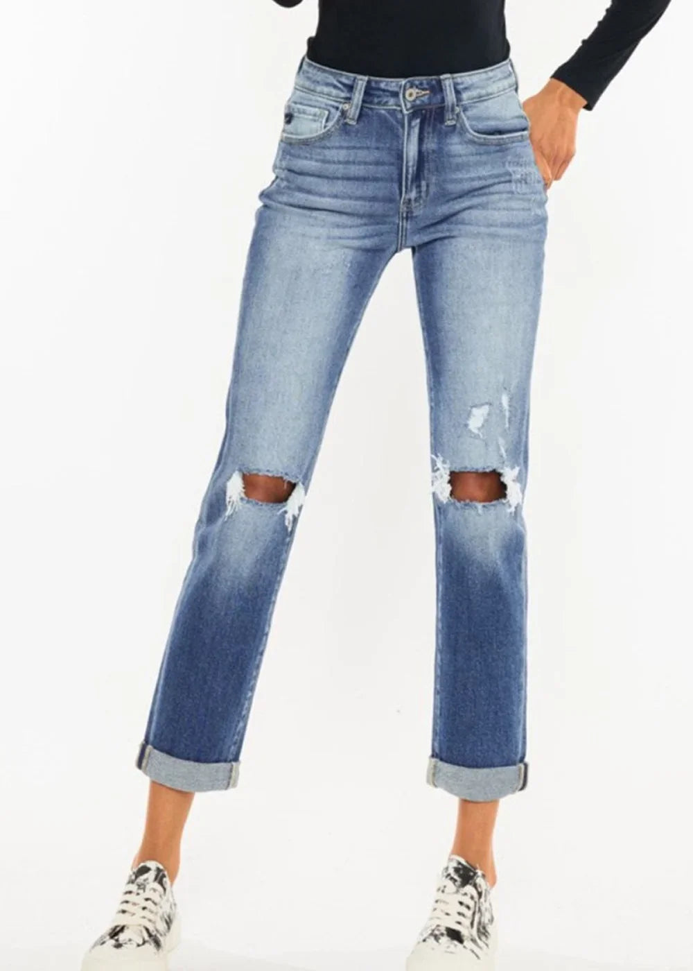 Medium wash high waist cropped straight leg jeans with distressed hem