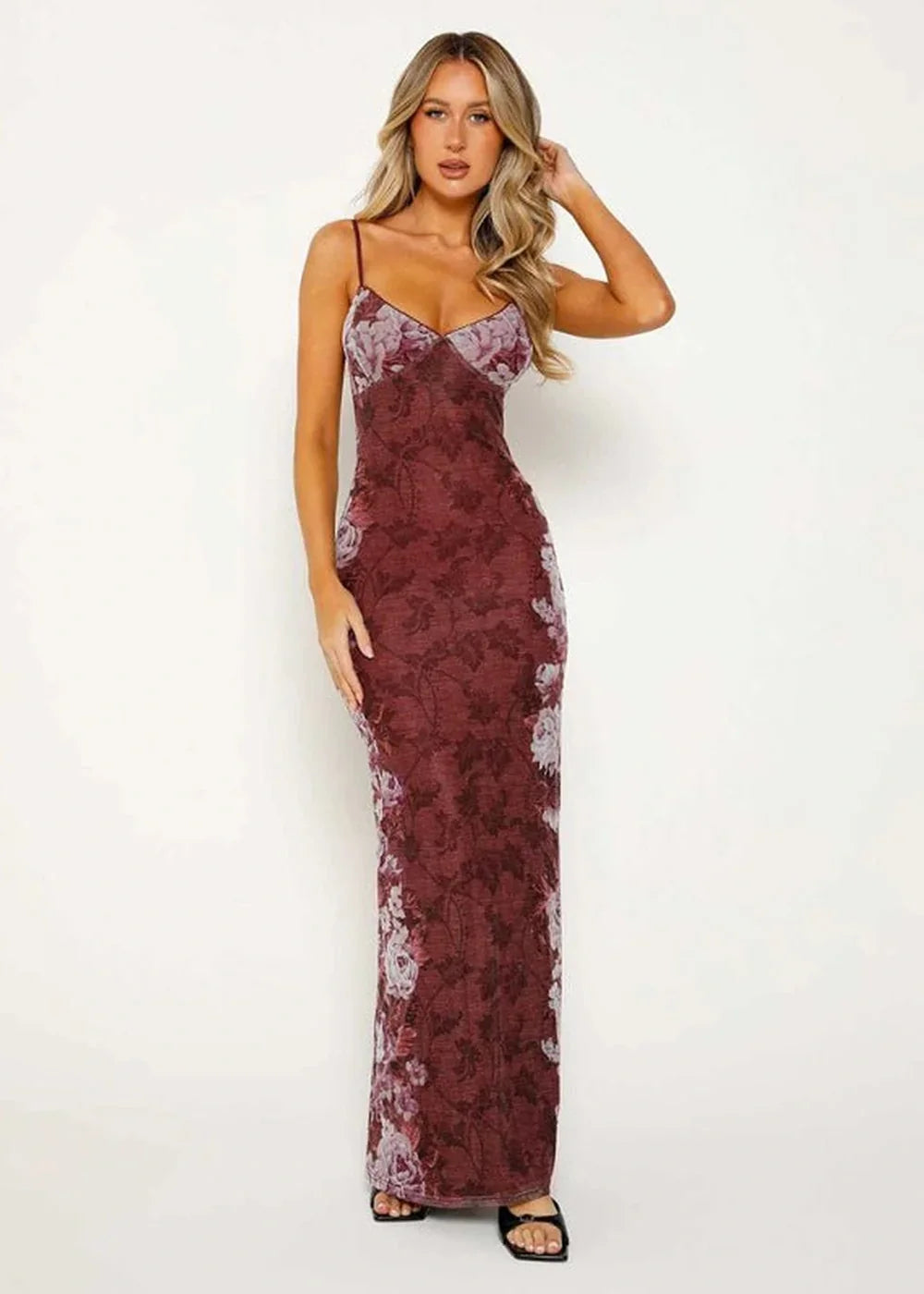 Wine Red Floral Print Slim Fit Party Dress