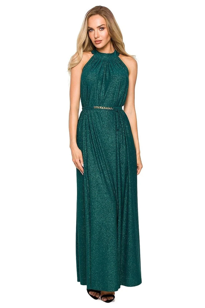 Green flared maxi dress with halter neckline