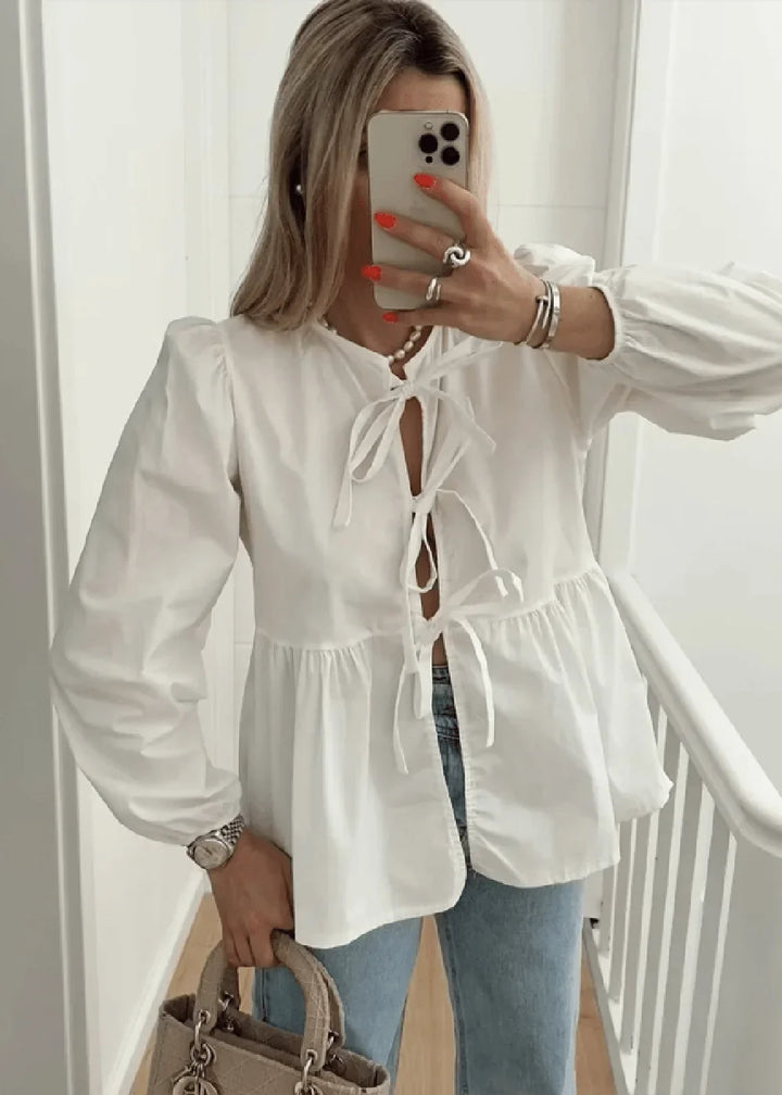 Women's white bow long sleeve lattice shirt