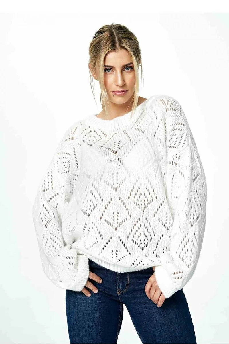 Beige openwork sweater with half round neckline