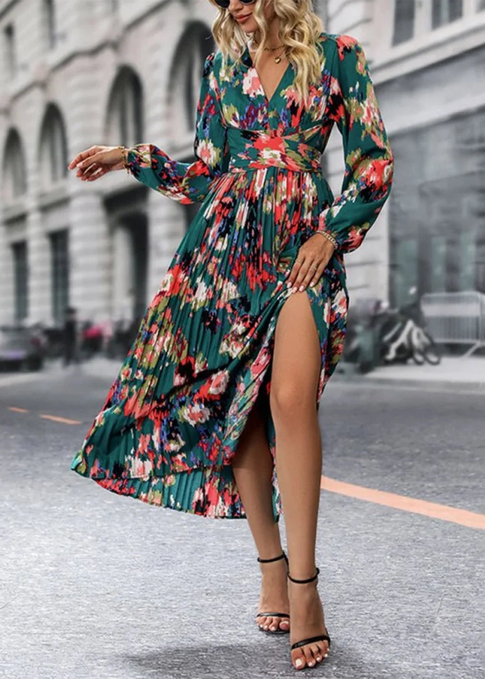 Green printed long sleeve dress