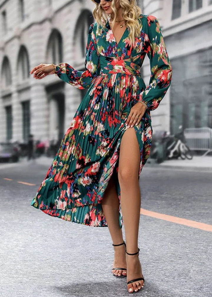 Green printed long sleeve dress