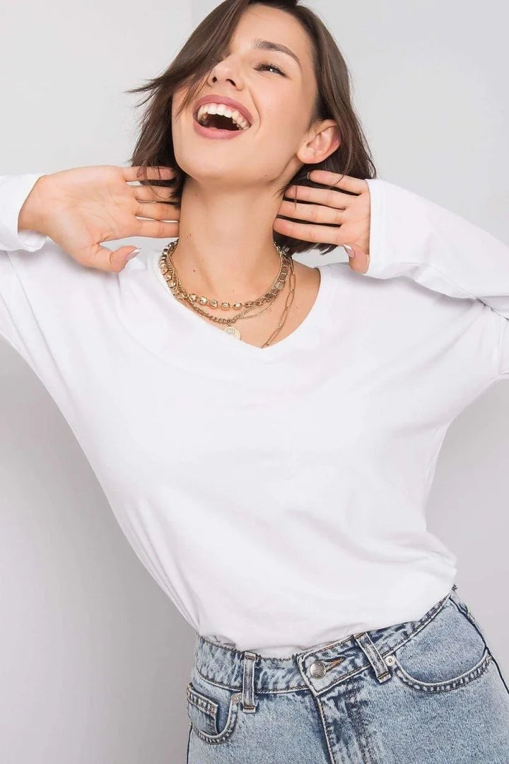 White cotton V-neck long sleeve blouse