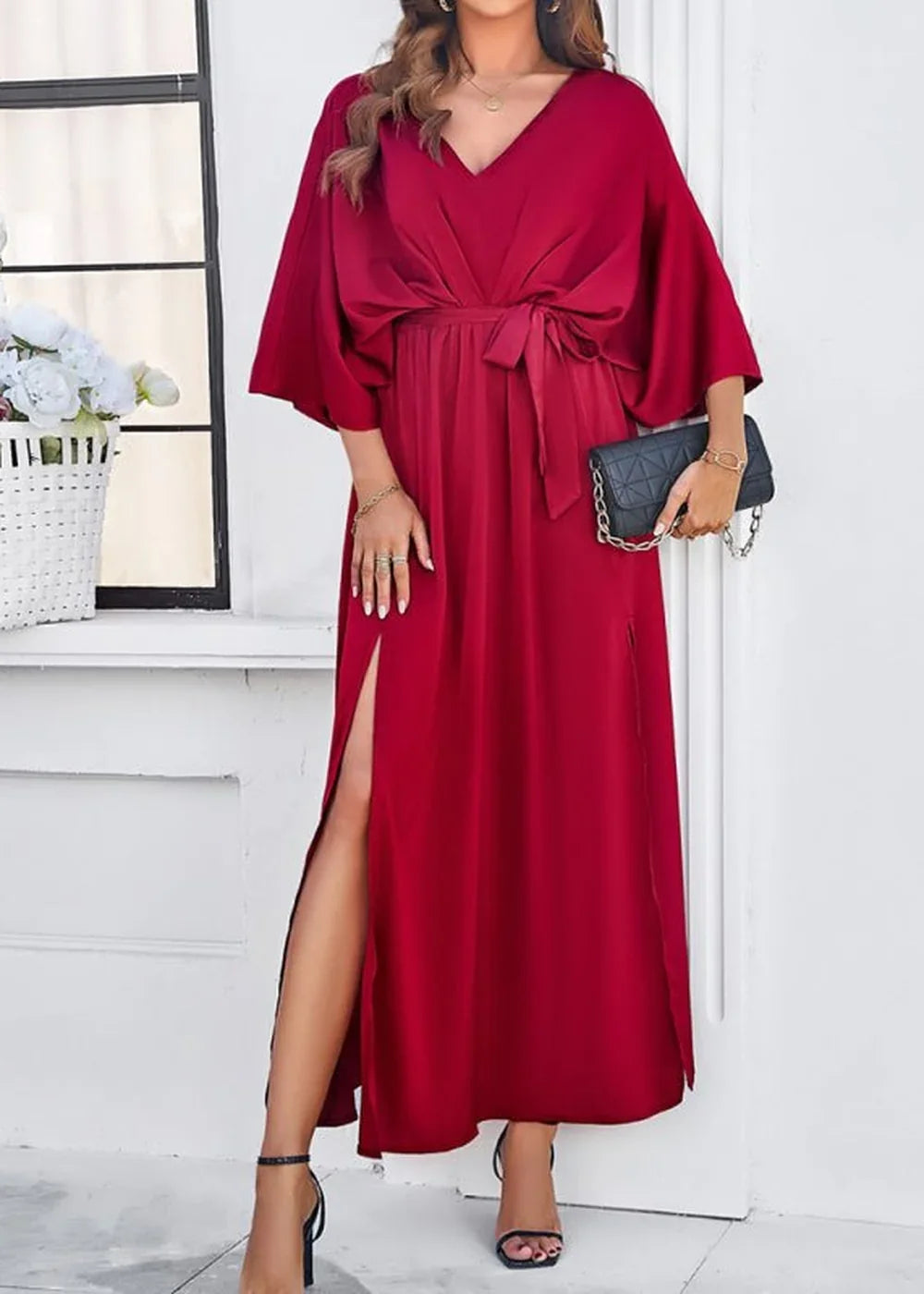 Wine Red V-neck loose dress