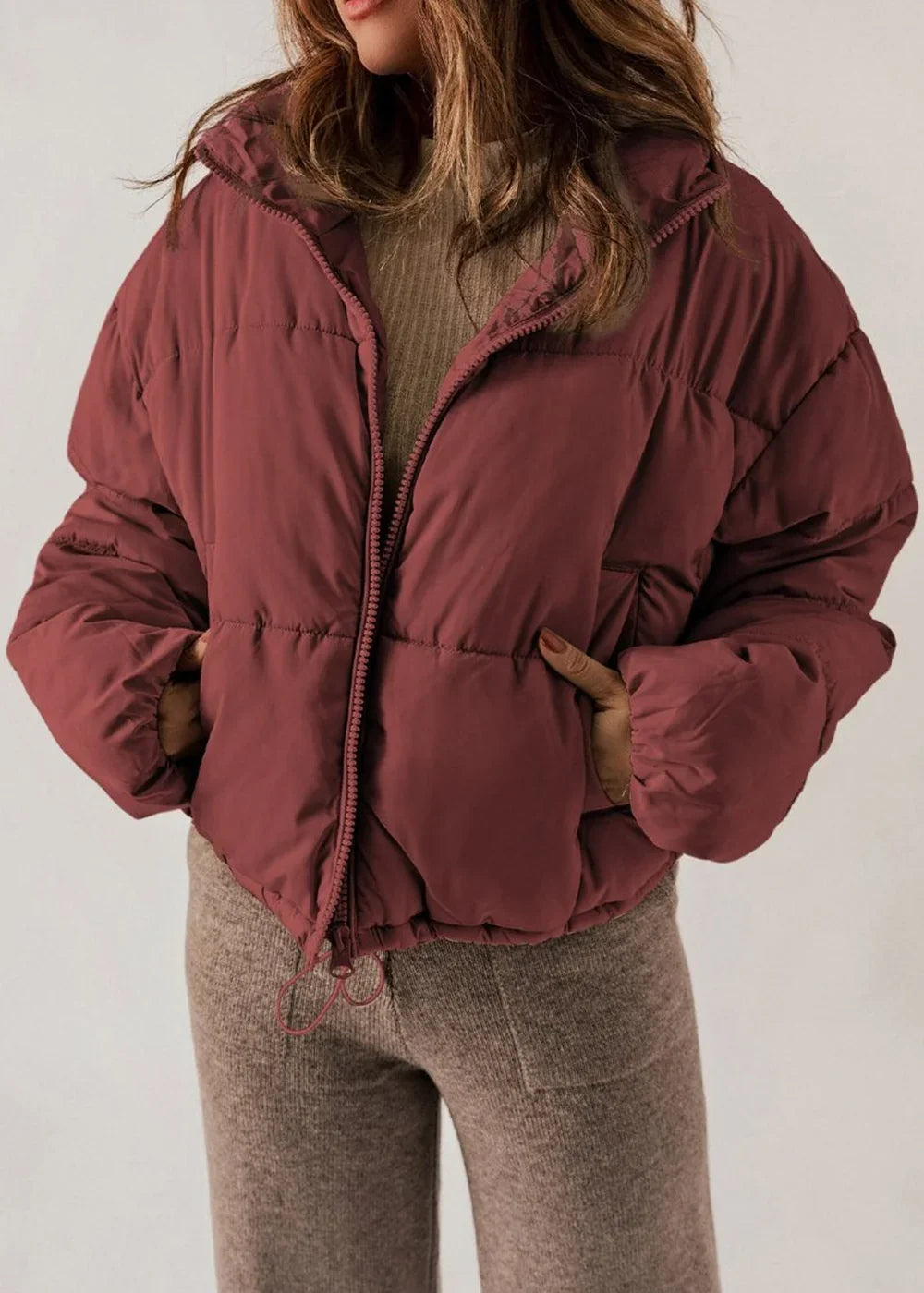 Brick red zip-up collared winter coat