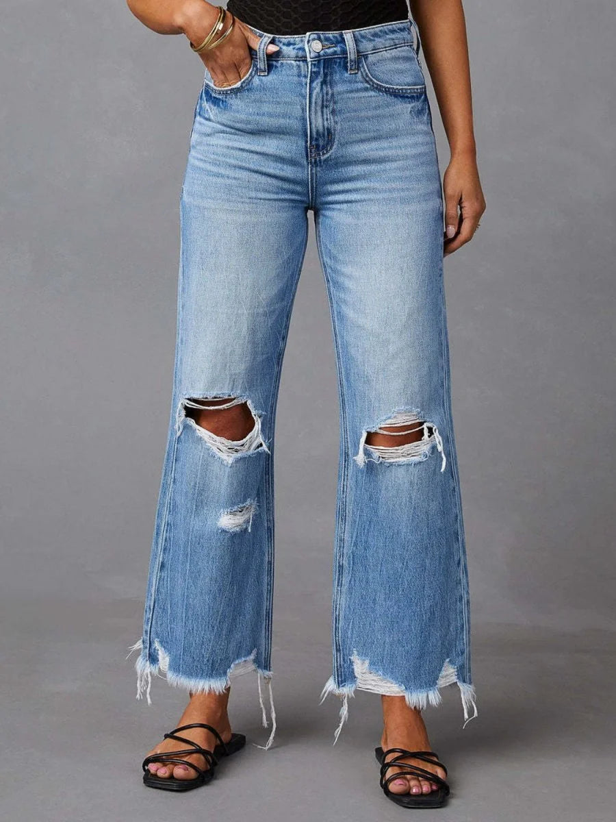 Light blue distressed raw hem jeans with pockets