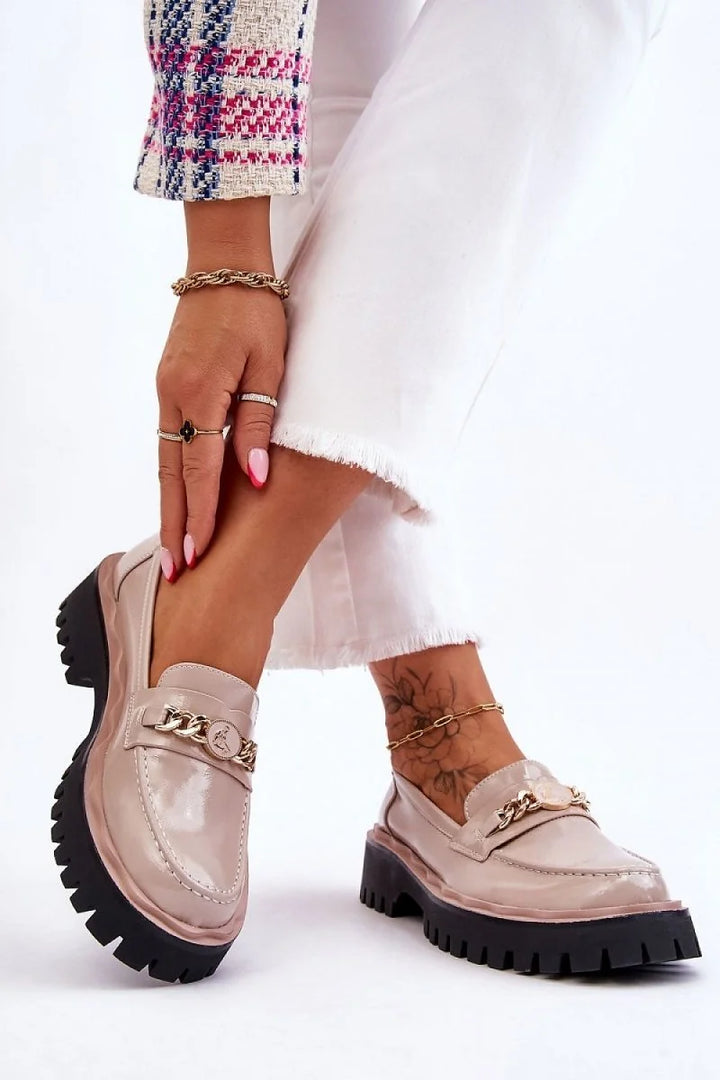 Beige Grey Eco Leather Moccasins with Chain Detail
