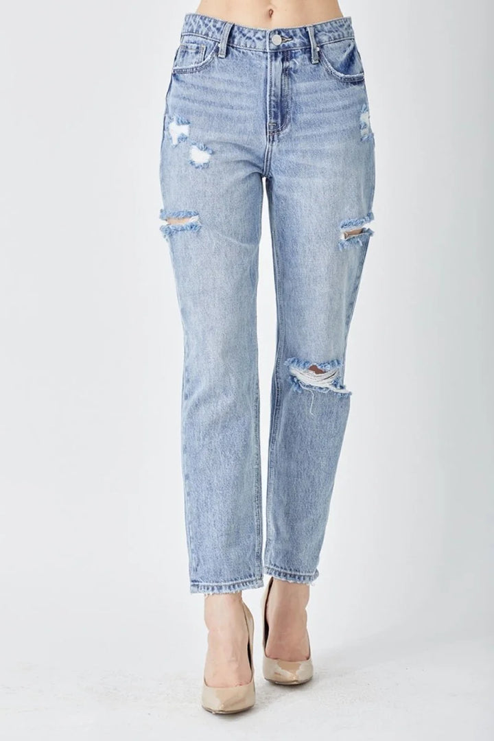 Medium wash distressed slim cropped jeans