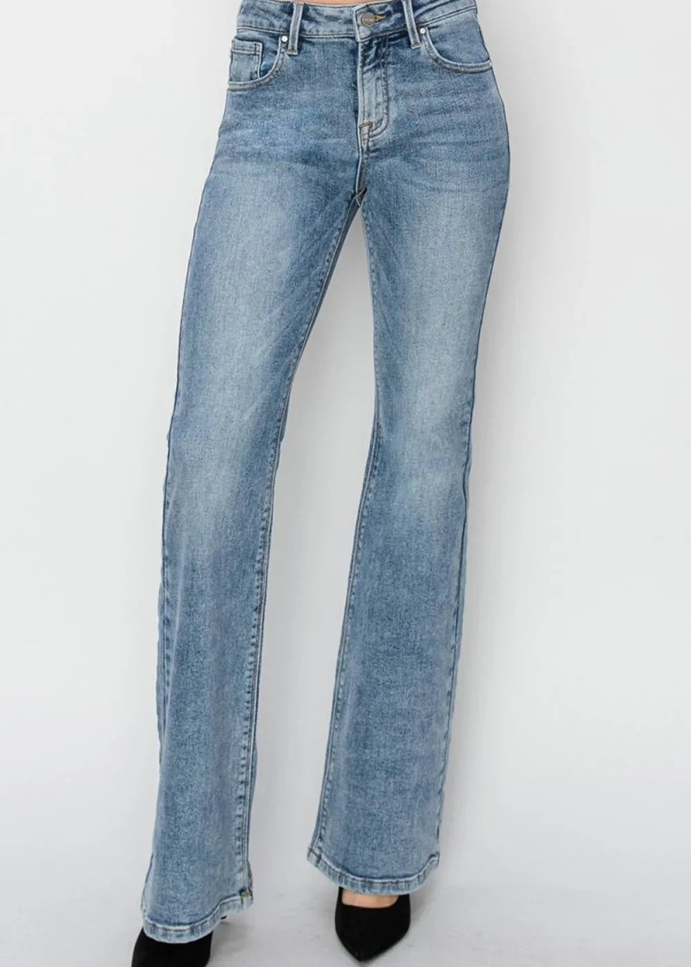 Medium wash distressed raw hem straight jeans