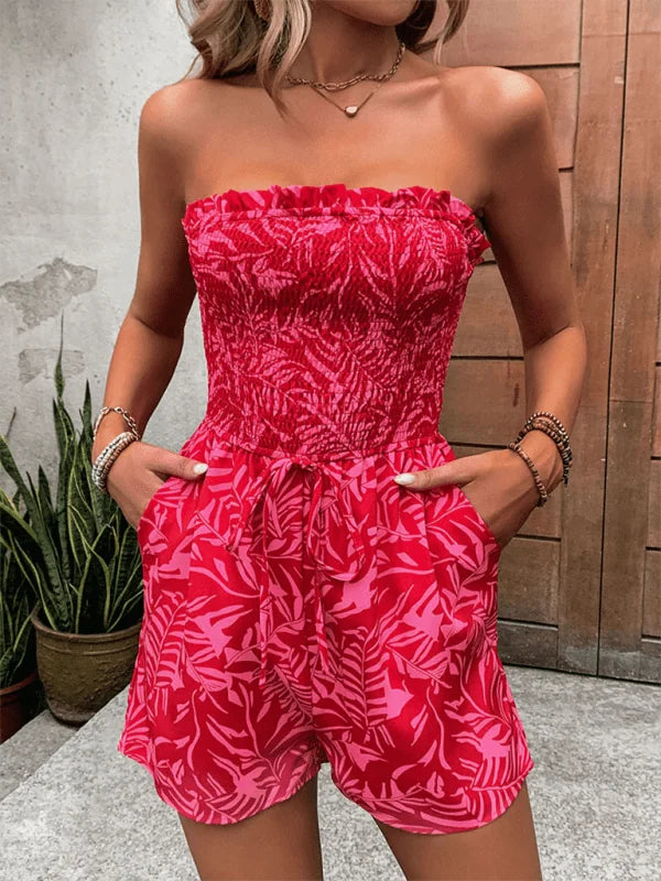 Red one-shoulder printed tube top jumpsuit