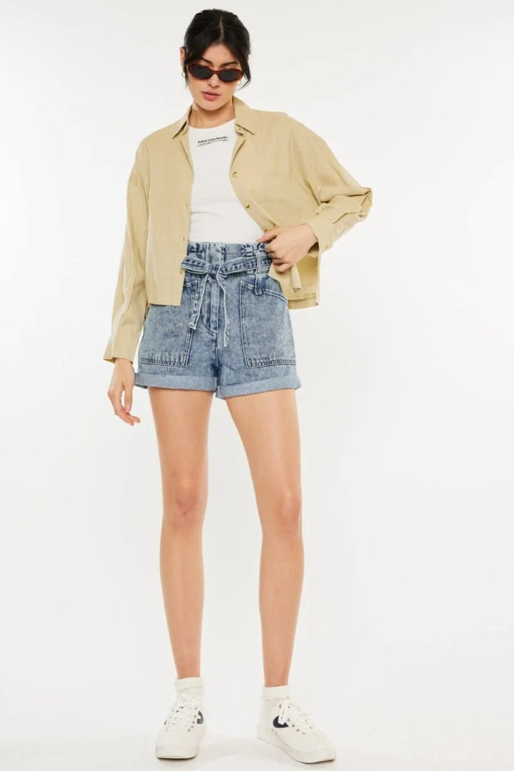 High rise paperbag denim shorts with tie belt