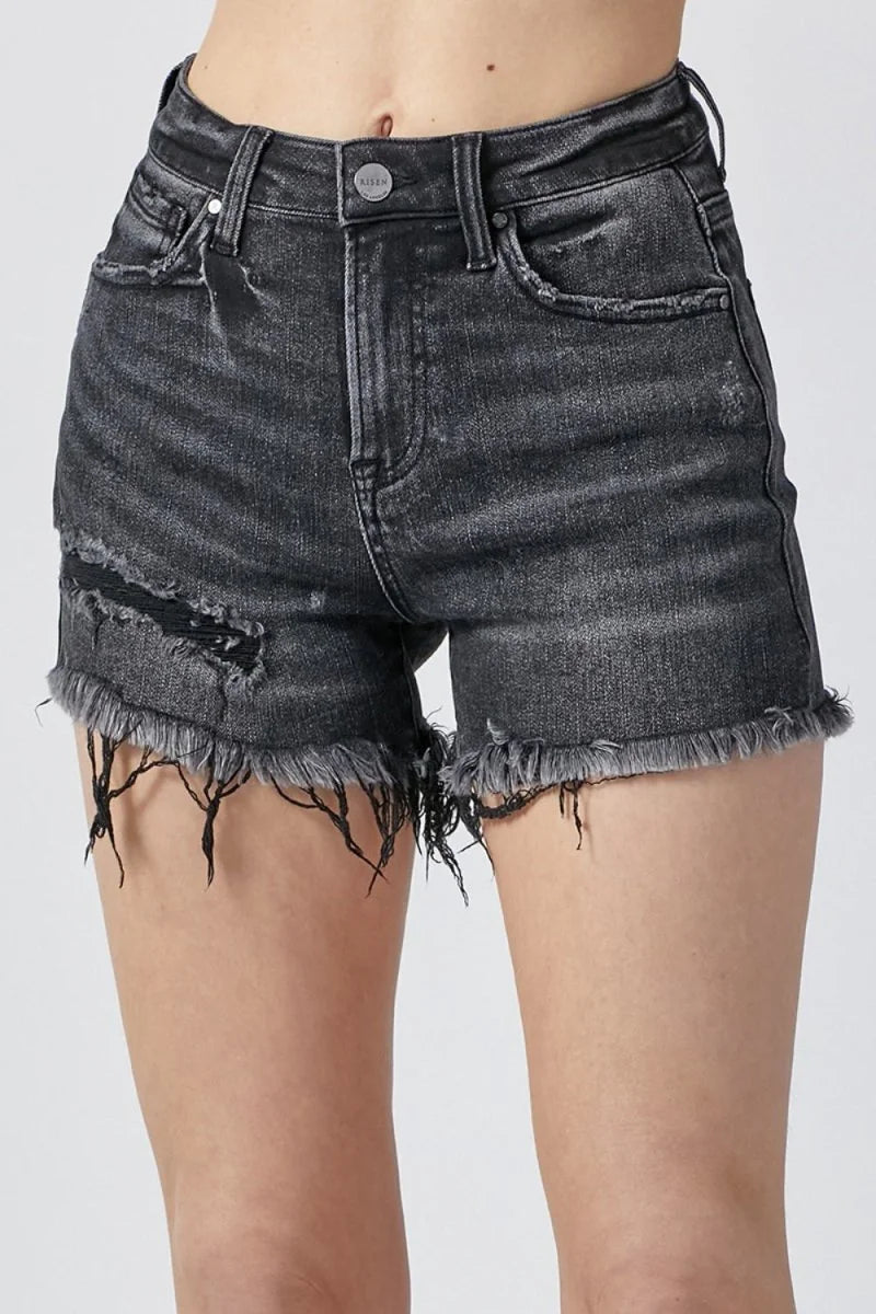 Black raw hem denim shorts with pockets