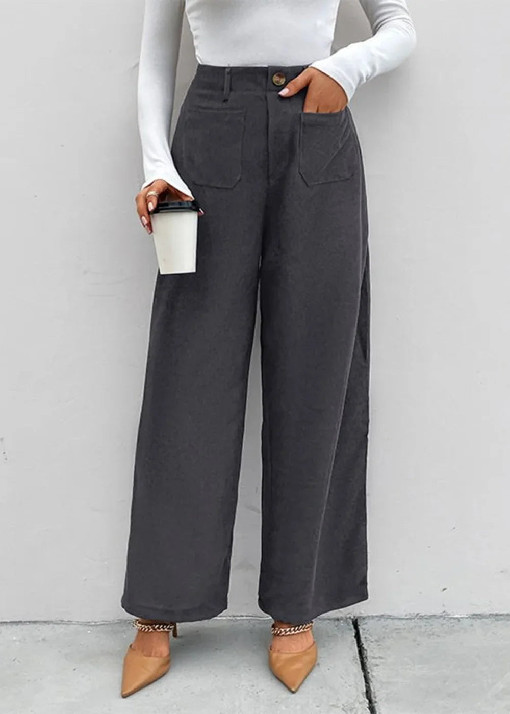 Charcoal grey corduroy casual pants with patch pockets