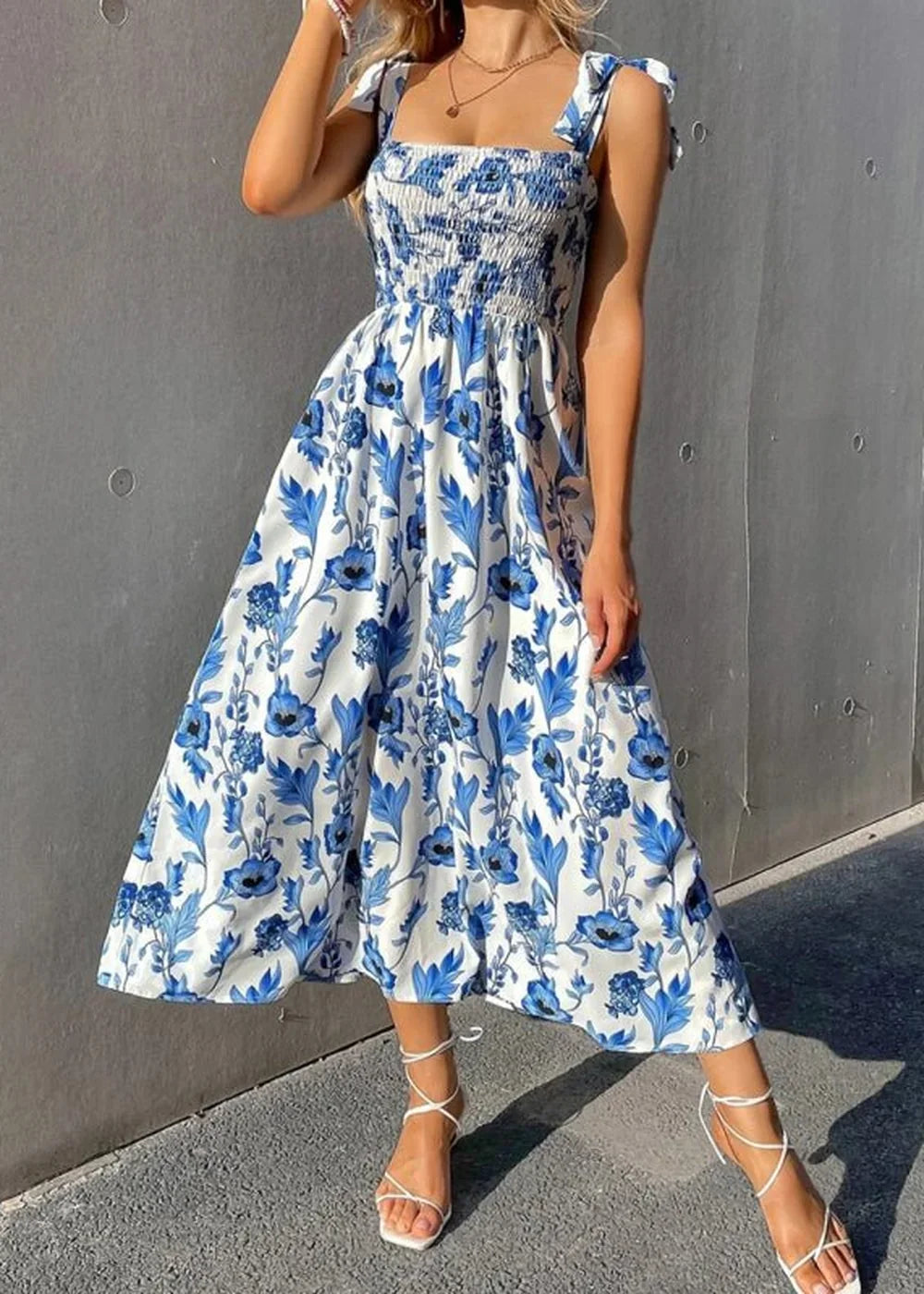 Clear blue sleeveless print long dress