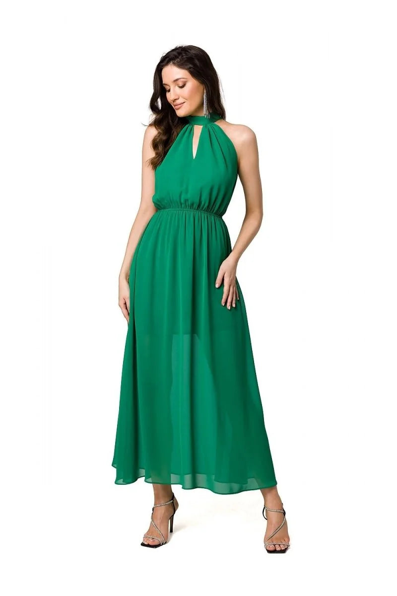 Green chiffon halter neck midi dress